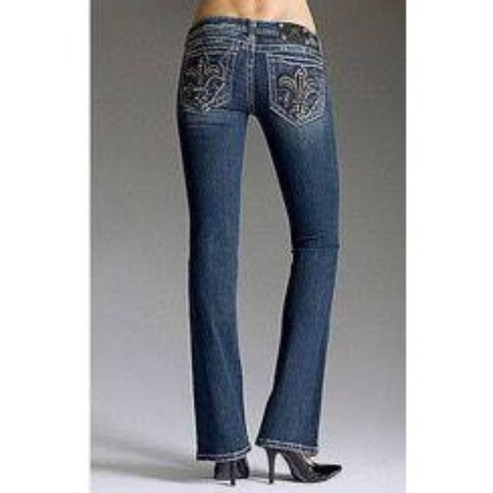 Miss Me Boot Cut Gothic Fleur De Lis Jeans JP5075b - Picture 2 of 5